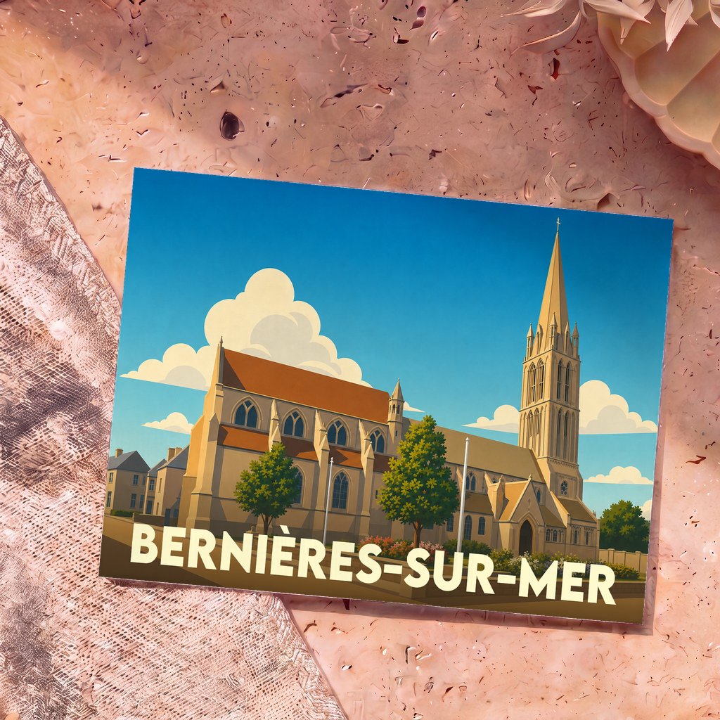 Carte postale souvenir de la ville de Bernières-sur-Mer illustrée d'une église de style gothique sous un ciel bleu.