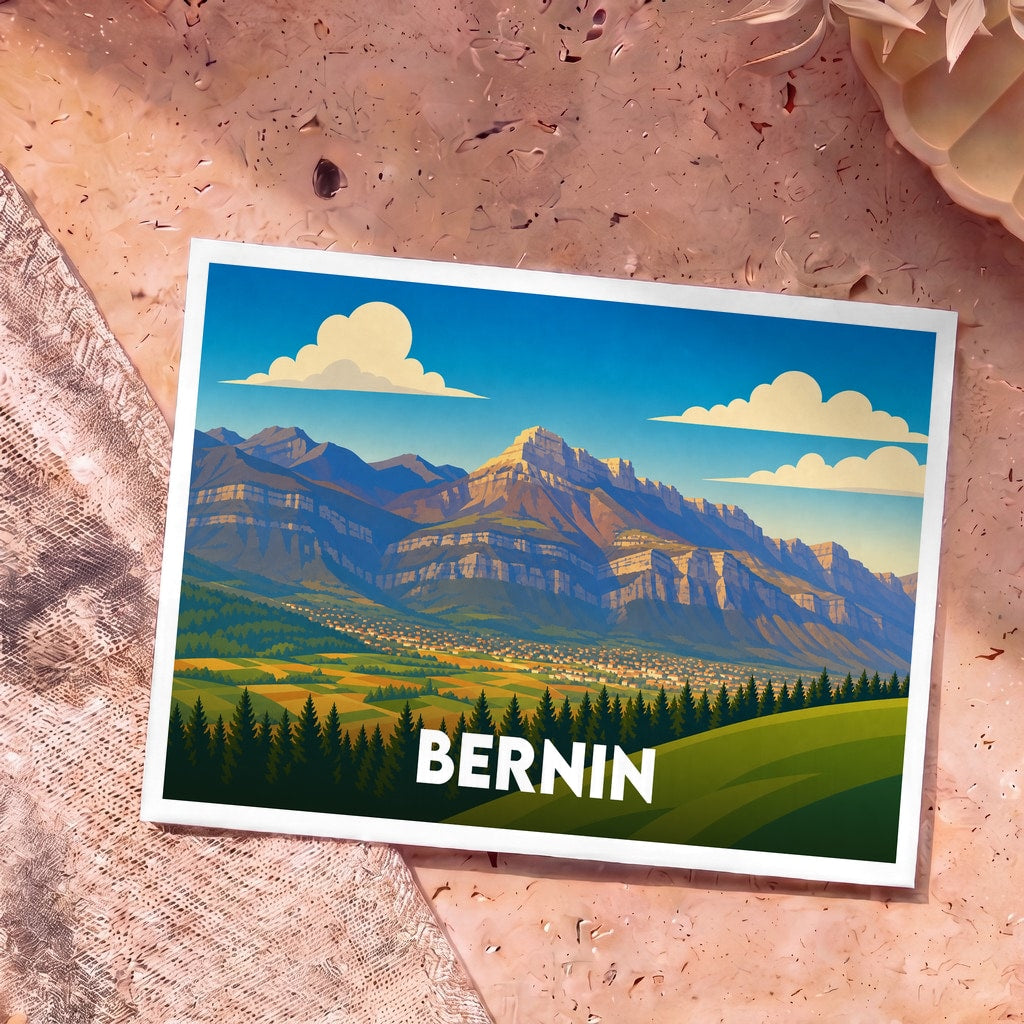 Carte postale souvenir de la ville de Bernin avec une illustration stylisée de montagnes.