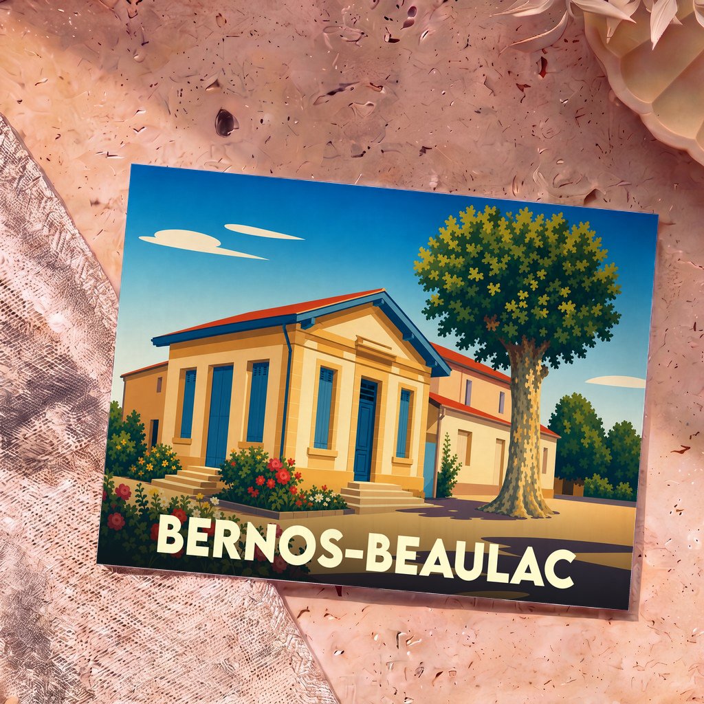 Carte postale souvenir de la ville de Bernos-Beaulac avec une illustration stylisée d'un bâtiment ensoleillé et d'un grand platane.