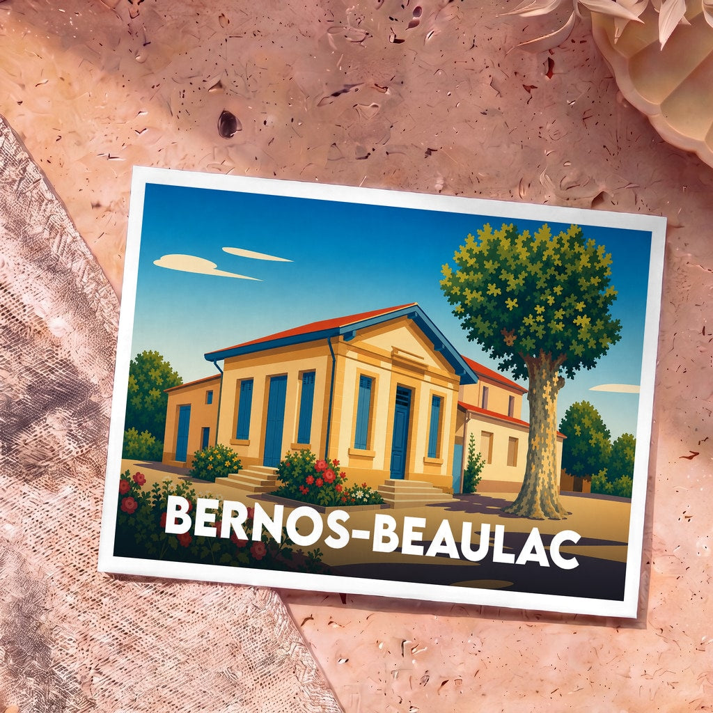 Carte postale souvenir de la ville de Bernos-Beaulac avec une illustration stylisée d'un bâtiment ensoleillé et d'un grand platane.