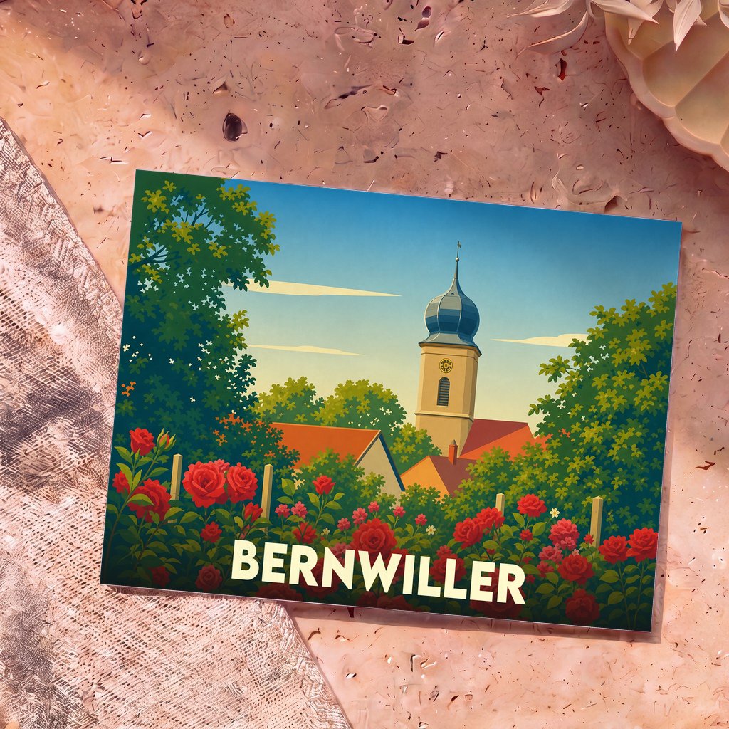 Carte postale souvenir de la ville de Bernwiller avec une illustration stylisée d'un clocher et de roses.