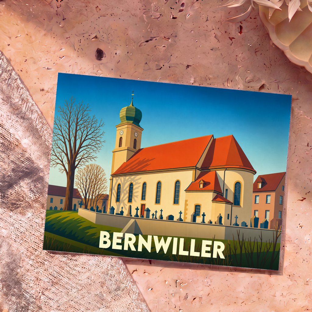Carte postale souvenir de la ville de Bernwiller avec une illustration stylisée de son église et de son cimetière.