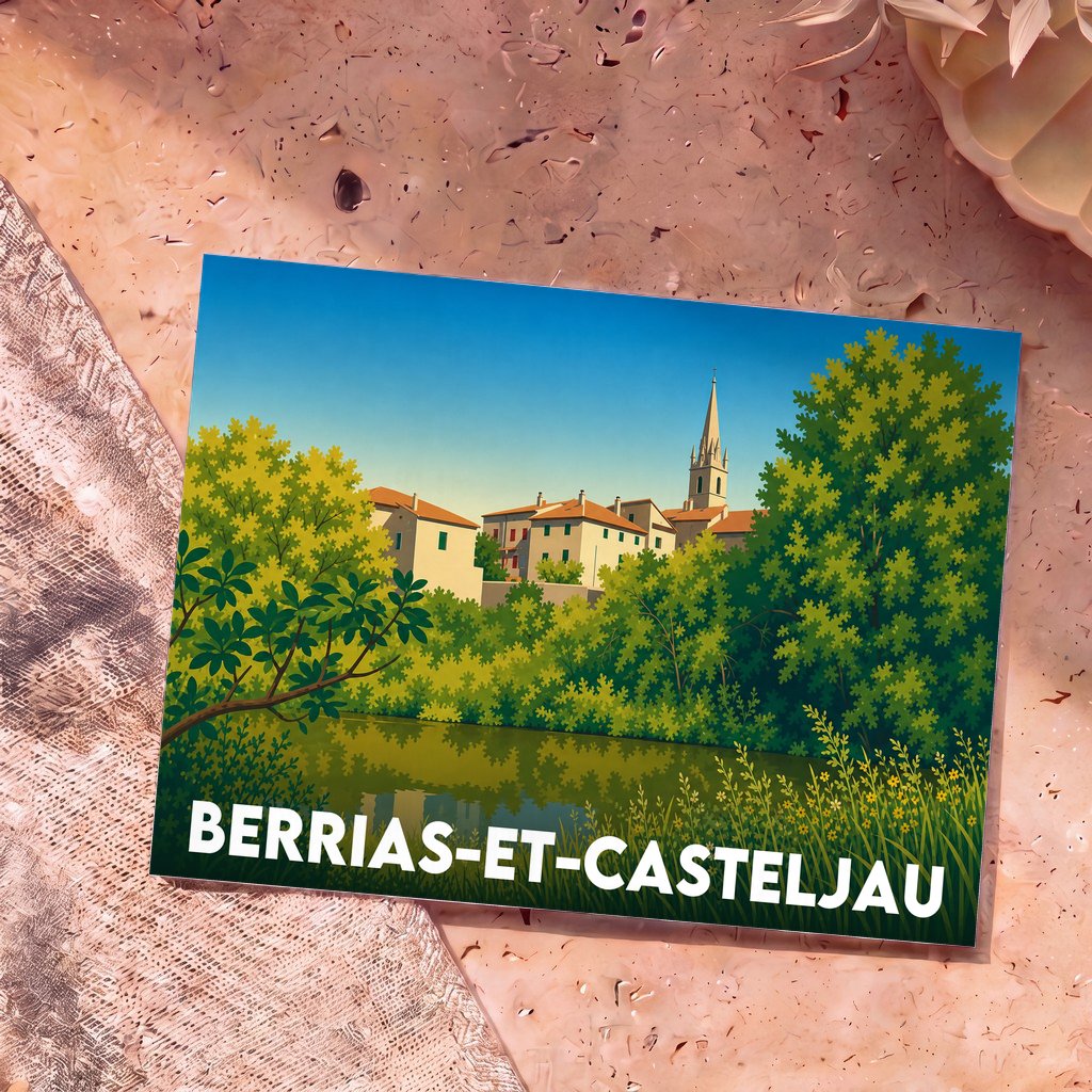 Carte postale souvenir de la ville de Berrias-et-Casteljau avec une illustration stylisée d'un village en bord d'eau.