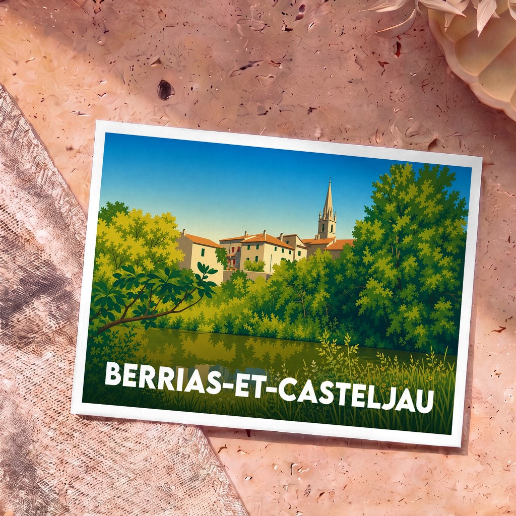 Carte postale souvenir de la ville de Berrias-et-Casteljau avec une illustration stylisée d'un village en bord d'eau.
