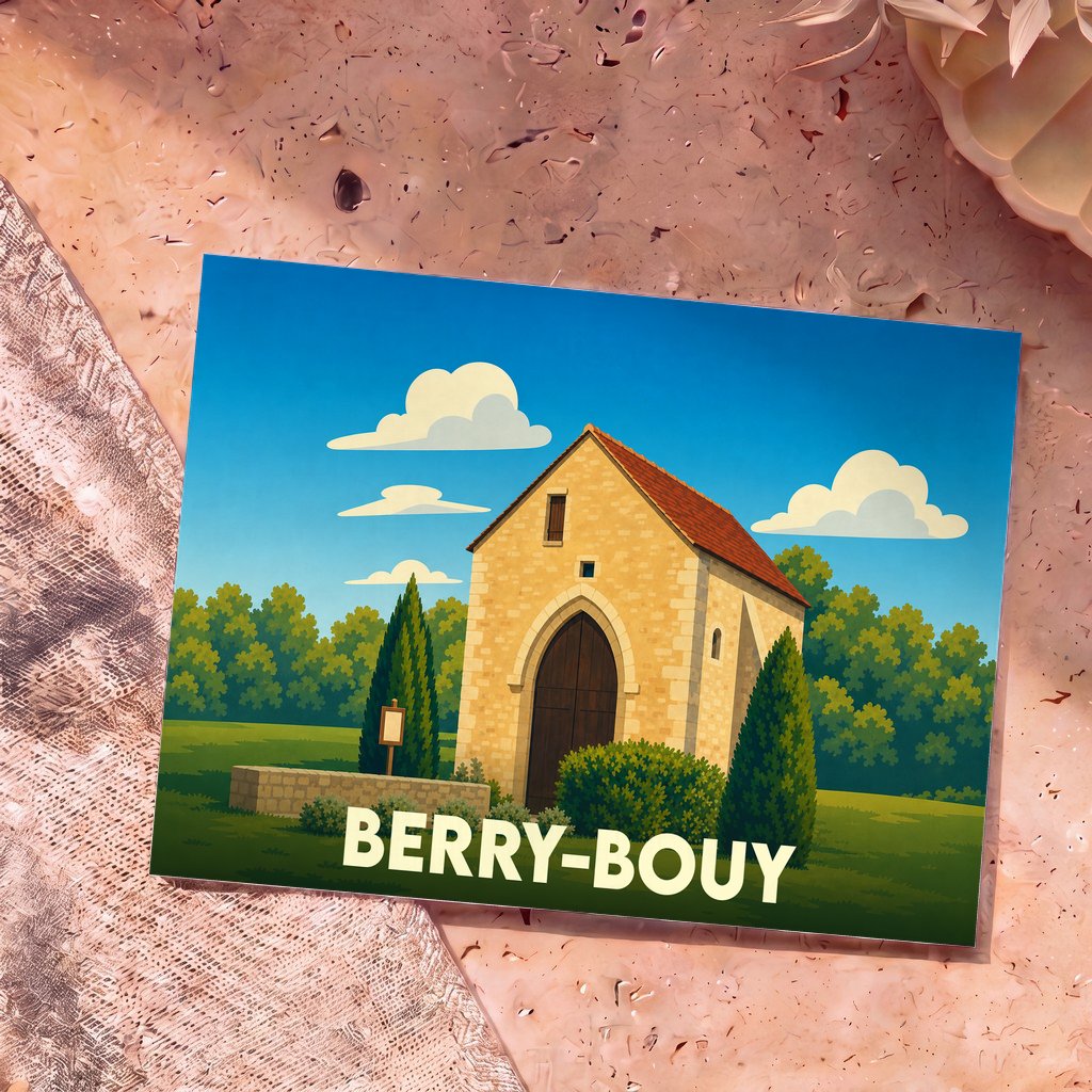 Carte postale souvenir de la ville de Berry-Bouy avec une illustration stylisée de sa chapelle historique.
