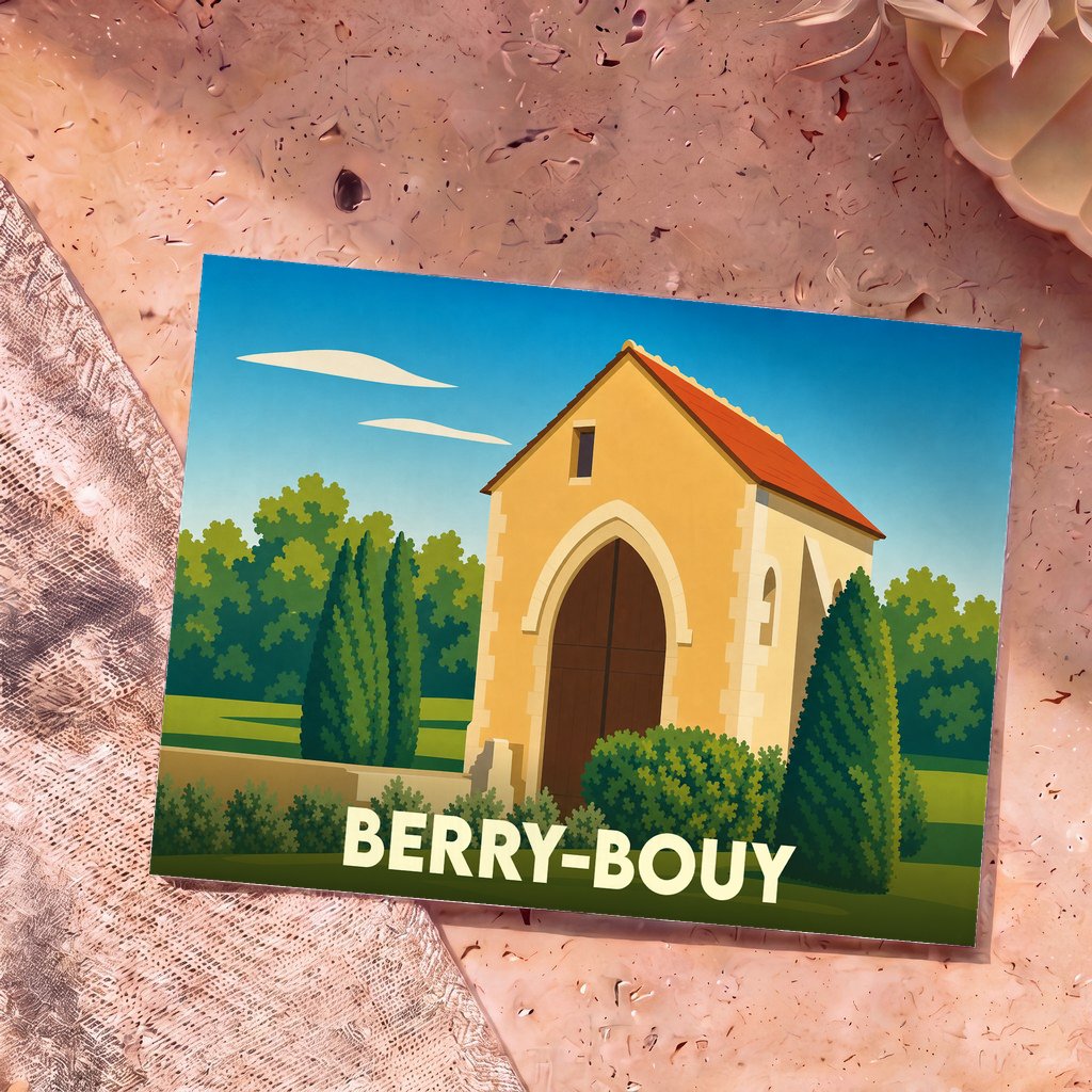 Carte postale souvenir de la ville de Berry-Bouy avec une illustration stylisée d'une chapelle.