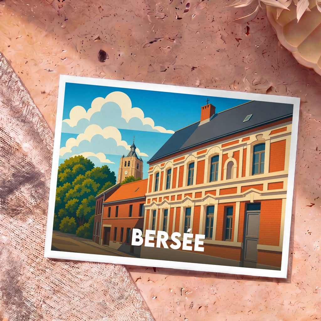 Carte postale souvenir de la ville de Bersée avec une illustration stylisée de ses bâtiments en briques et de son clocher.