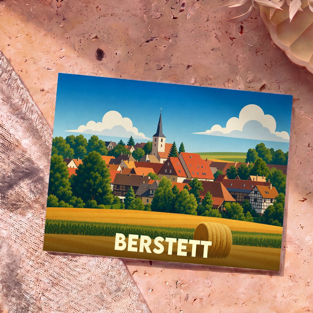 Carte postale souvenir de la ville de Berstett avec une illustration stylisée de son église et de ses paysages ruraux.