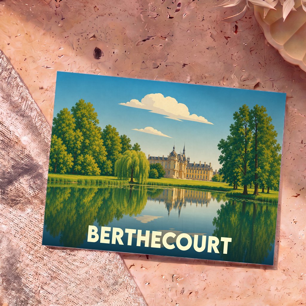 Carte postale souvenir de la ville de Berthecourt avec une illustration stylisée d'un château se reflétant dans l'eau.