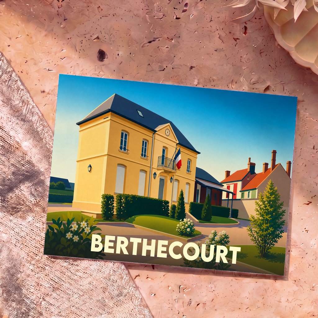 Carte postale souvenir de la ville de Berthecourt avec une illustration stylisée de sa mairie.