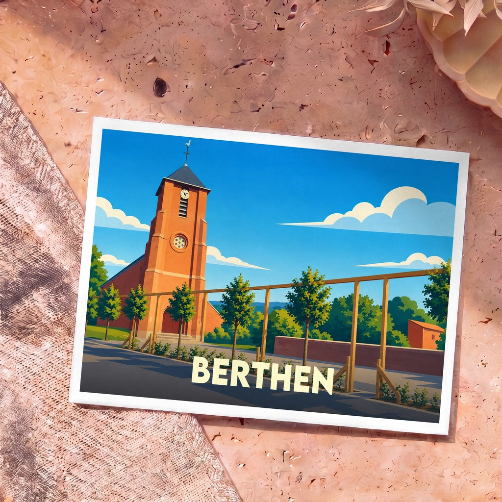 Carte postale souvenir de la ville de Berthen avec une illustration stylisée de son église.