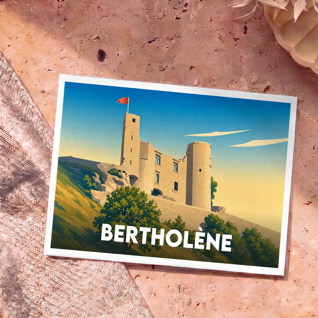 Carte postale souvenir de la ville de Bertholène avec une illustration stylisée de son château.