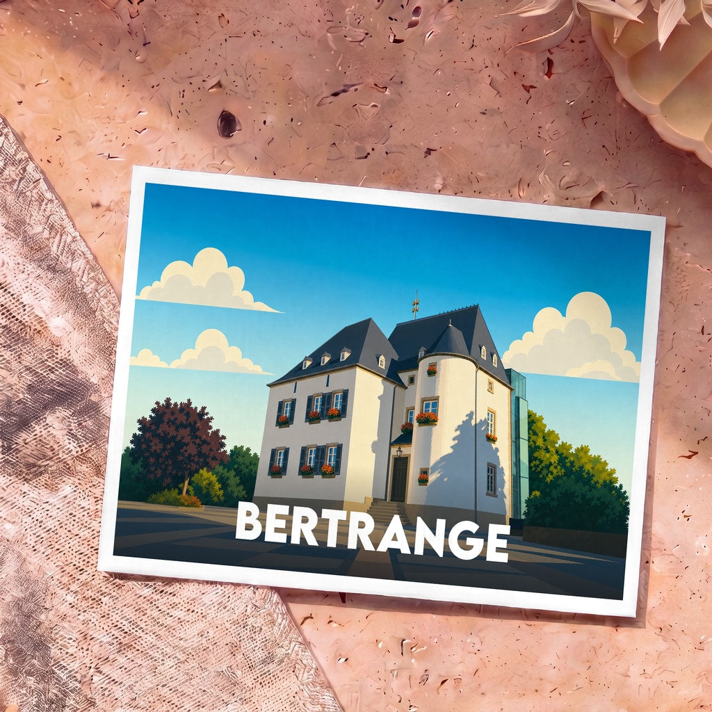 Carte postale souvenir de la ville de Bertrange avec une illustration stylisée d'un bâtiment historique.