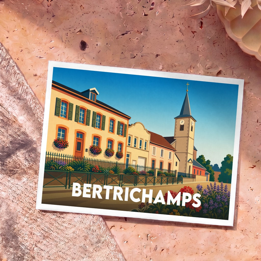 Carte postale souvenir de la ville de Bertrichamps avec une illustration stylisée montrant des bâtiments colorés et une église.