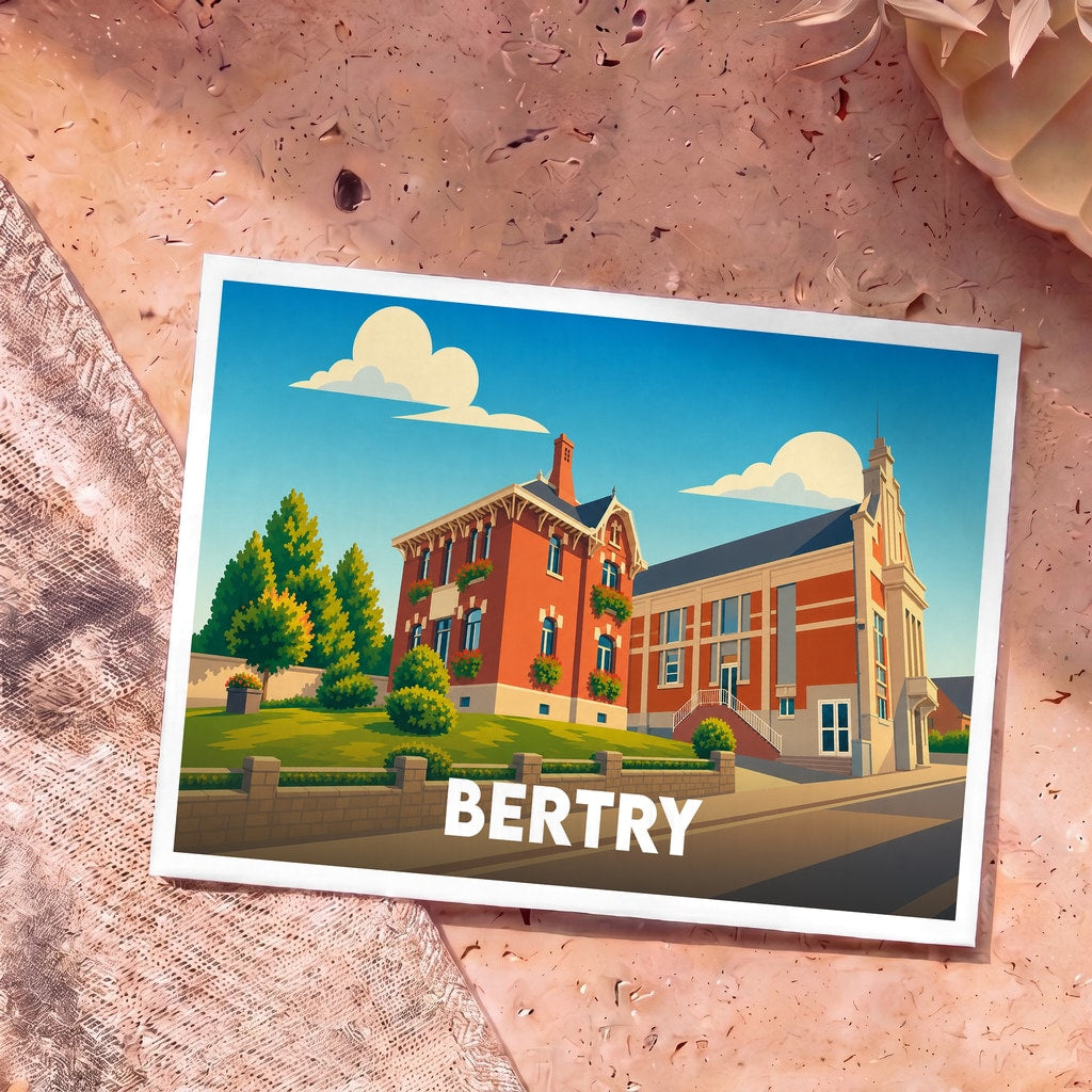 Carte postale souvenir de la ville de Bertry avec une illustration stylisée de ses bâtiments emblématiques.