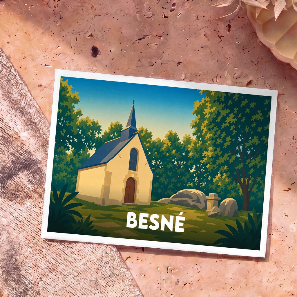 Carte postale souvenir de la ville de Besné avec une illustration stylisée de sa chapelle entourée de verdure.