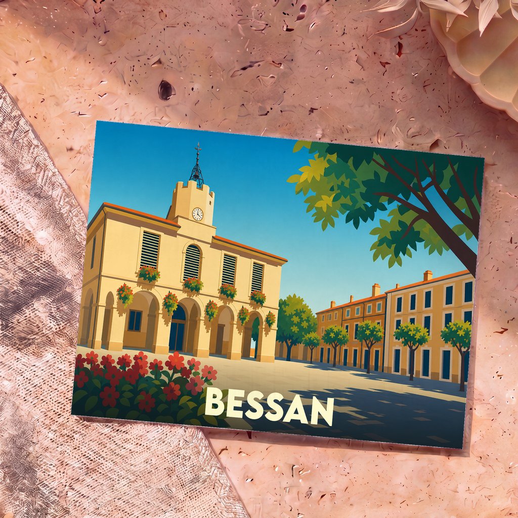 Carte postale souvenir de la ville de Bessan avec une illustration stylisée de sa mairie et de sa place.