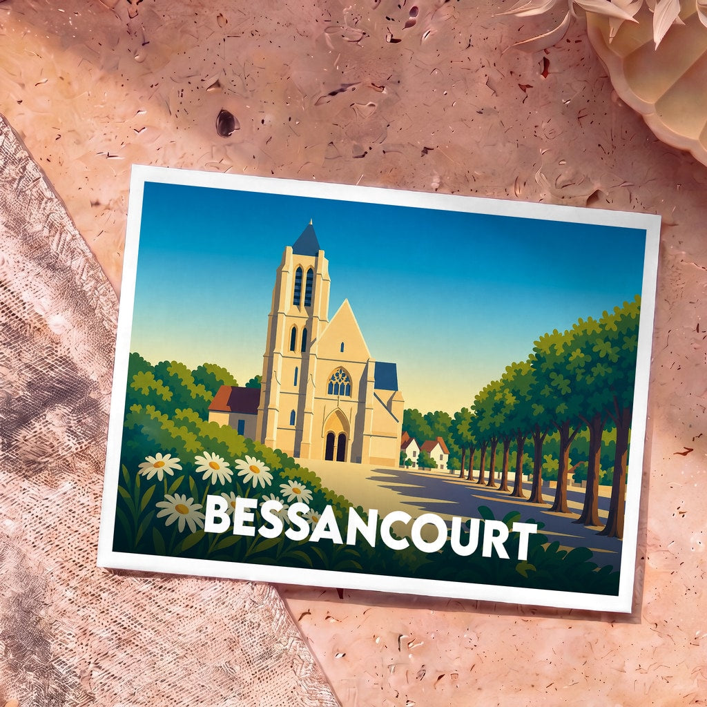 Carte postale souvenir de la ville de Bessancourt avec une illustration stylisée de son église et de ses environs.