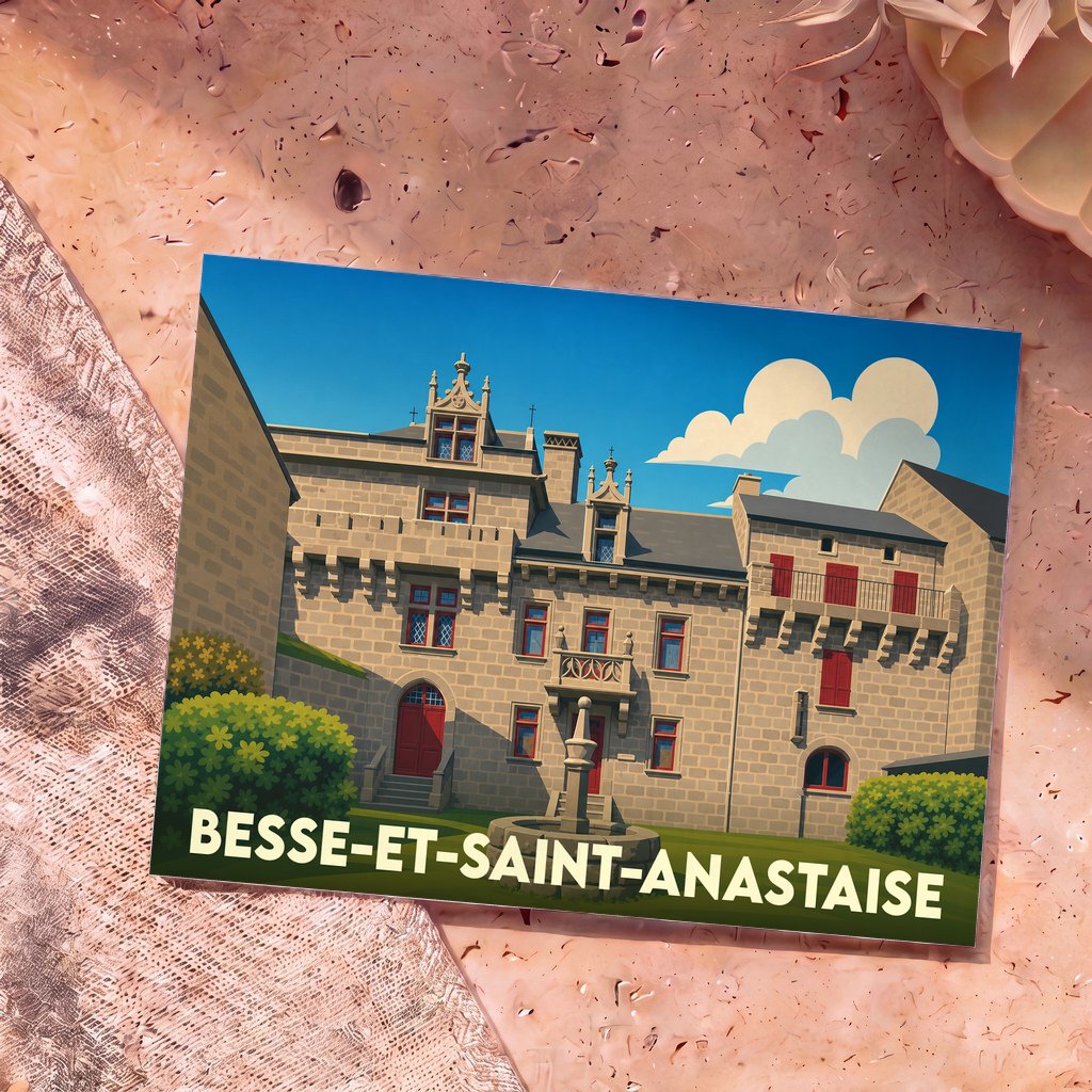 Carte postale souvenir de la ville de Besse-et-Saint-Anastaise avec une illustration stylisée de son architecture médiévale.