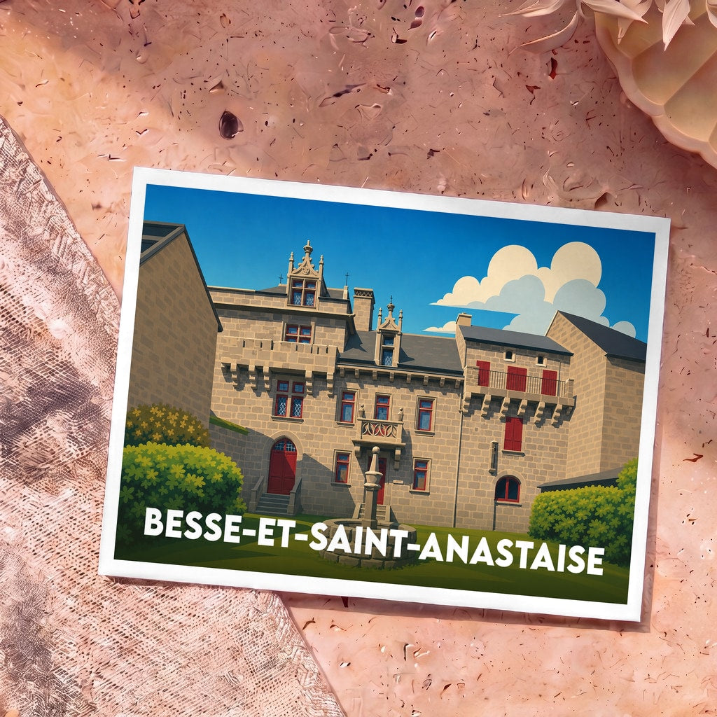 Carte postale souvenir de la ville de Besse-et-Saint-Anastaise avec une illustration stylisée de son architecture médiévale.