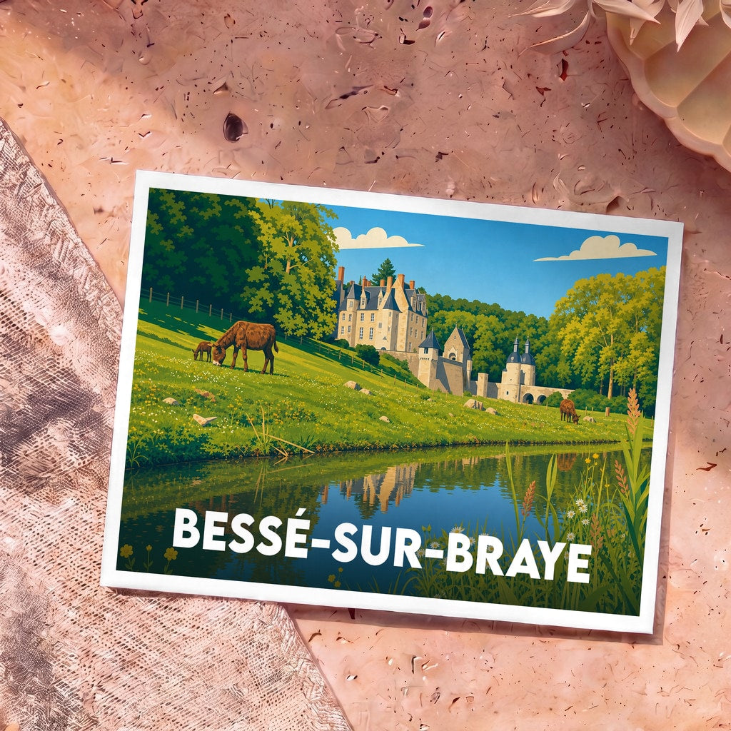 Carte postale souvenir de la ville de Bessé-sur-Braye avec une illustration stylisée de son château et de sa campagne.