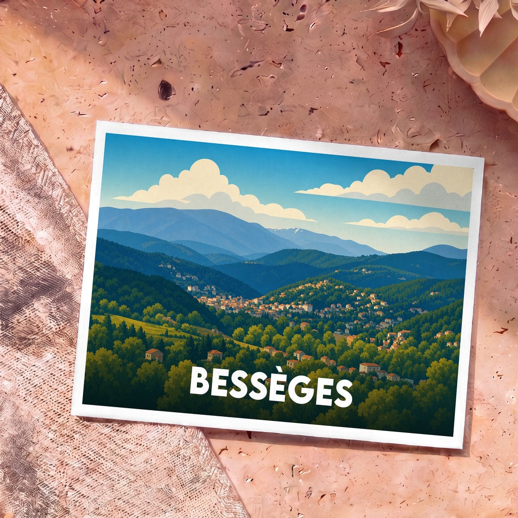 Carte postale souvenir de la ville de Bessèges illustrant un paysage vallonné et verdoyant dans un style graphique épuré.