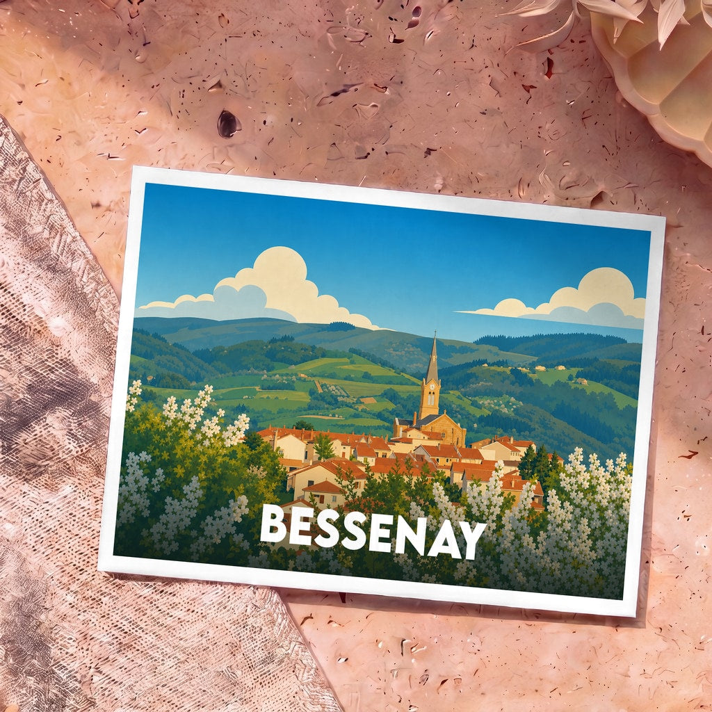 Carte postale souvenir de la ville de Bessenay avec une illustration stylisée montrant le village et son clocher nichés dans les collines.