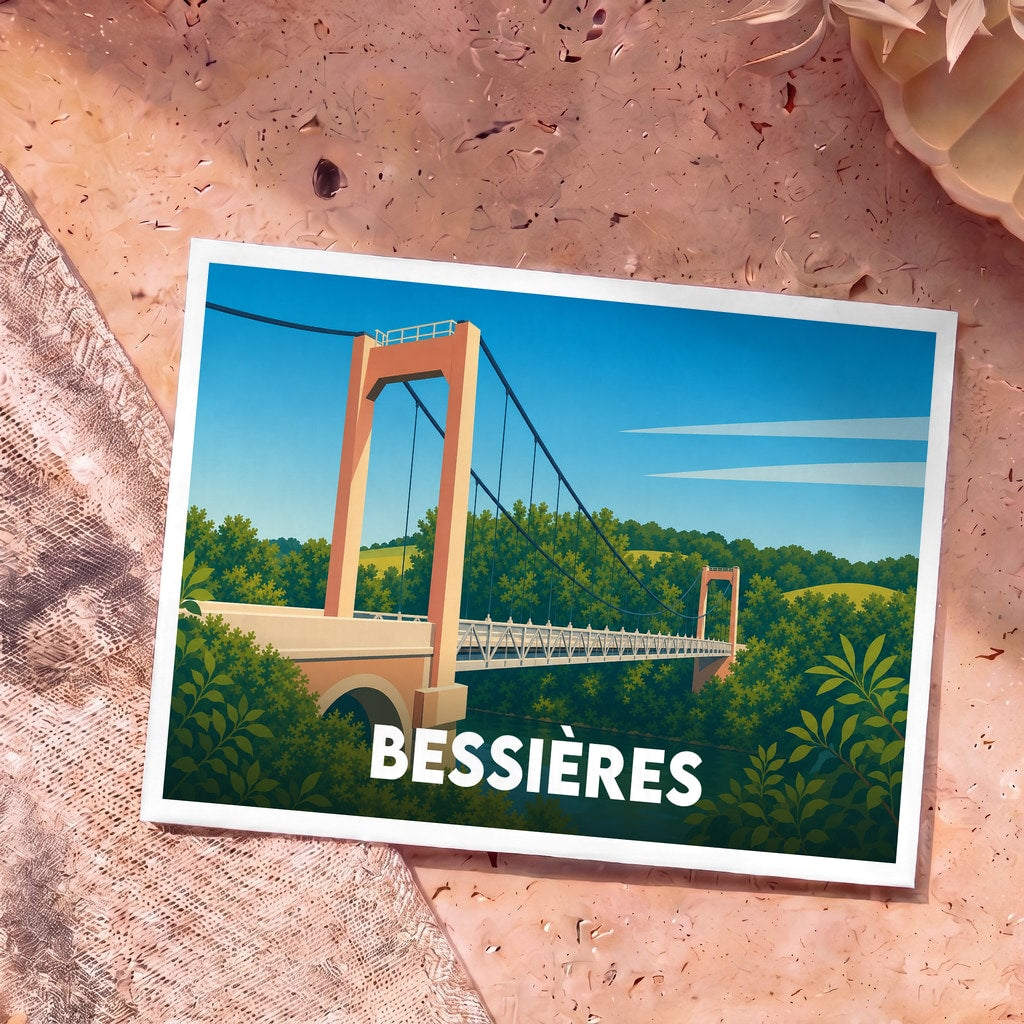 Carte postale souvenir de la ville de Bessières illustrant son pont suspendu dans un style graphique épuré.