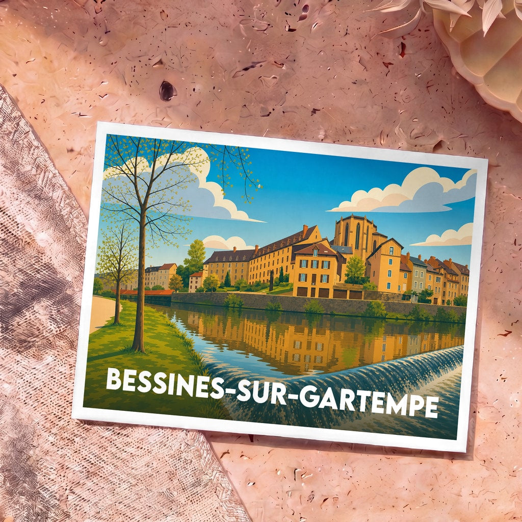 Carte postale souvenir de la ville de Bessines-sur-Gartempe avec une illustration stylisée des bâtiments se reflétant dans la rivière.