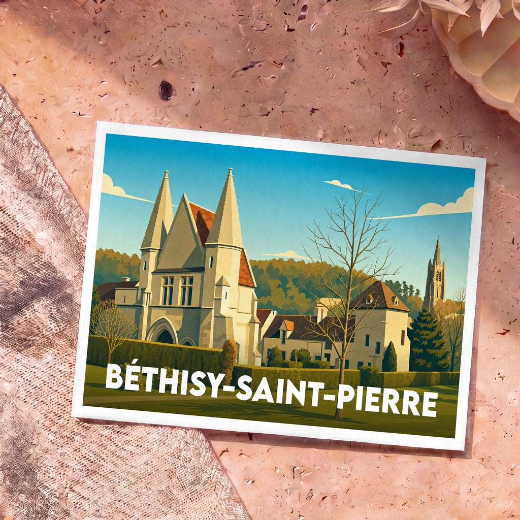 Carte postale souvenir de la ville de Béthisy-Saint-Pierre avec une illustration stylisée de son patrimoine architectural.