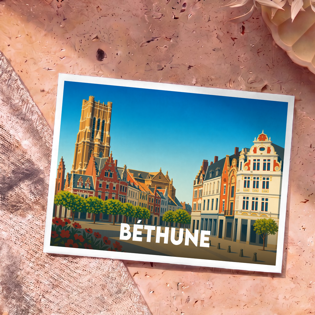 Carte postale souvenir de la ville de Béthune avec une illustration colorée et stylisée de sa place principale.