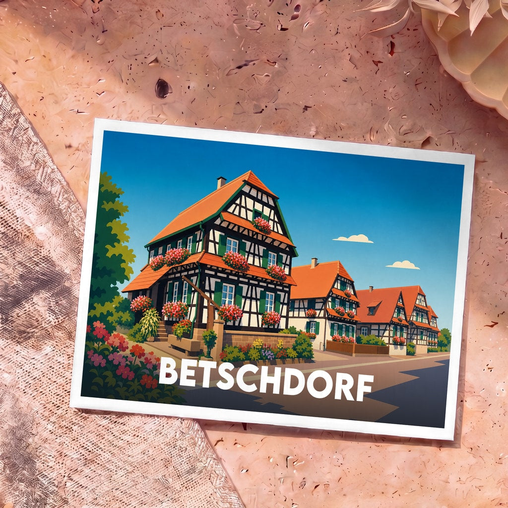 Carte postale souvenir de la ville de Betschdorf illustrant ses maisons à colombages traditionnelles.