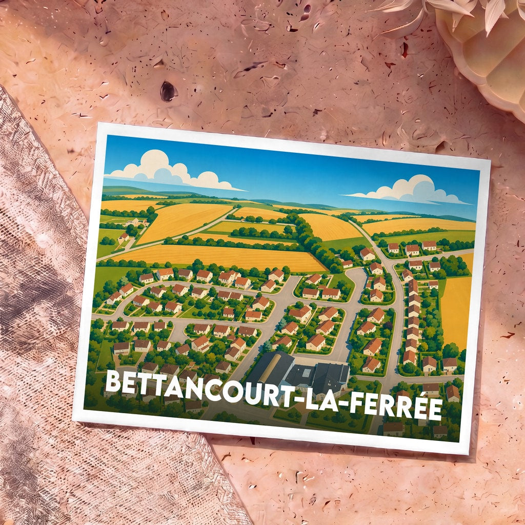 Carte postale souvenir de la ville de Bettancourt-la-Ferrée avec une illustration stylisée d'un paysage urbain et champêtre.