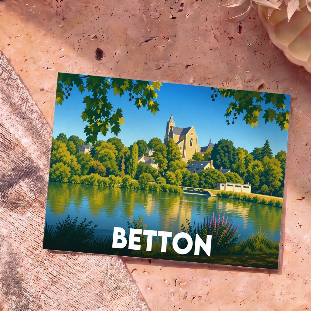 Carte postale souvenir de la ville de Betton illustrant son église et le canal d'Ille-et-Rance dans un style graphique épuré.