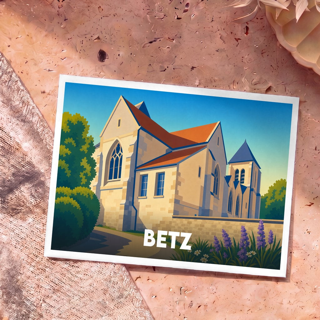 Carte postale souvenir de la ville de Betz arborant une illustration stylisée de son église sous un ciel azur.