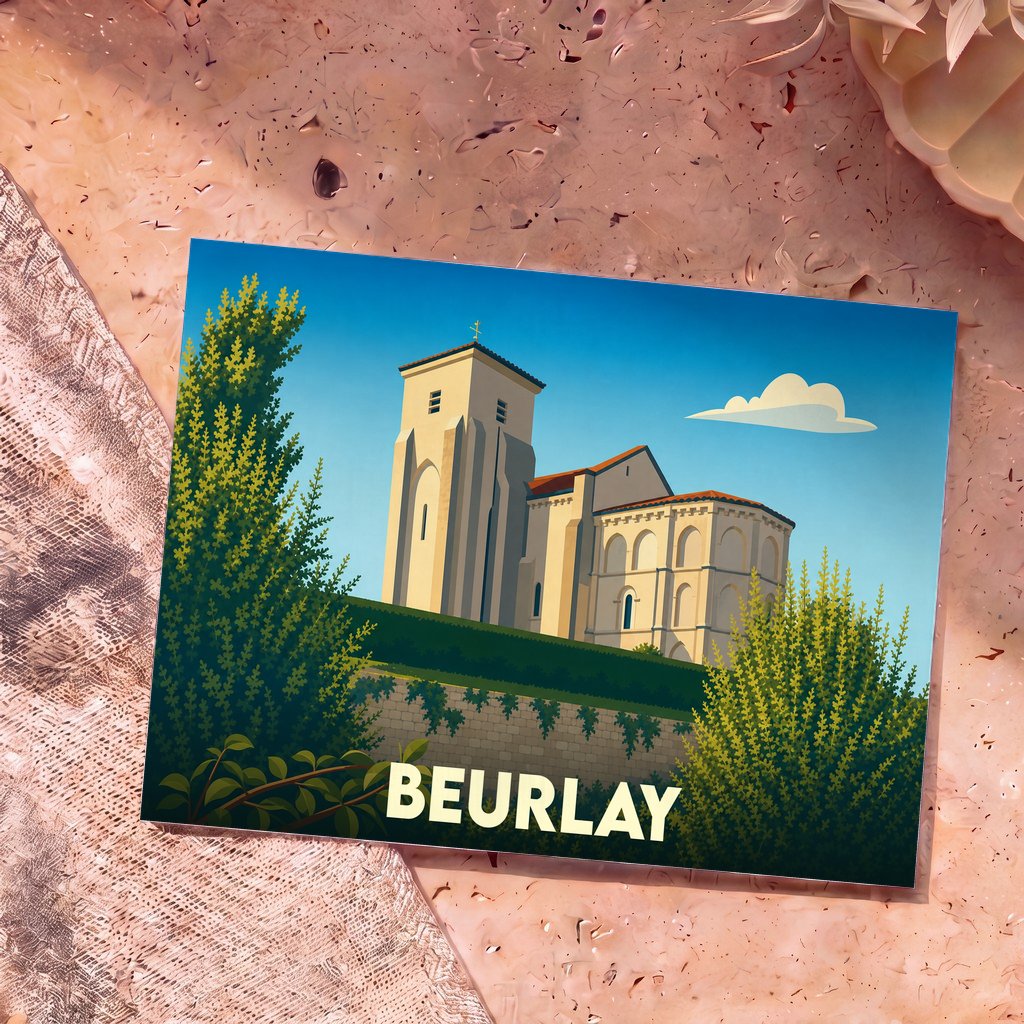 Carte postale souvenir de la ville de Beurlay illustrant son église romane dans un style graphique épuré.