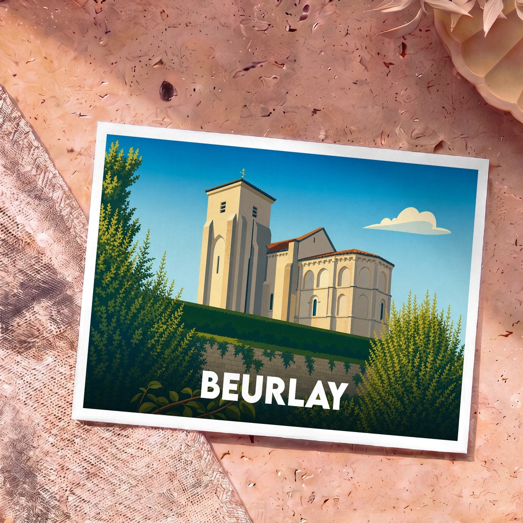 Carte postale souvenir de la ville de Beurlay illustrant son église romane dans un style graphique épuré.