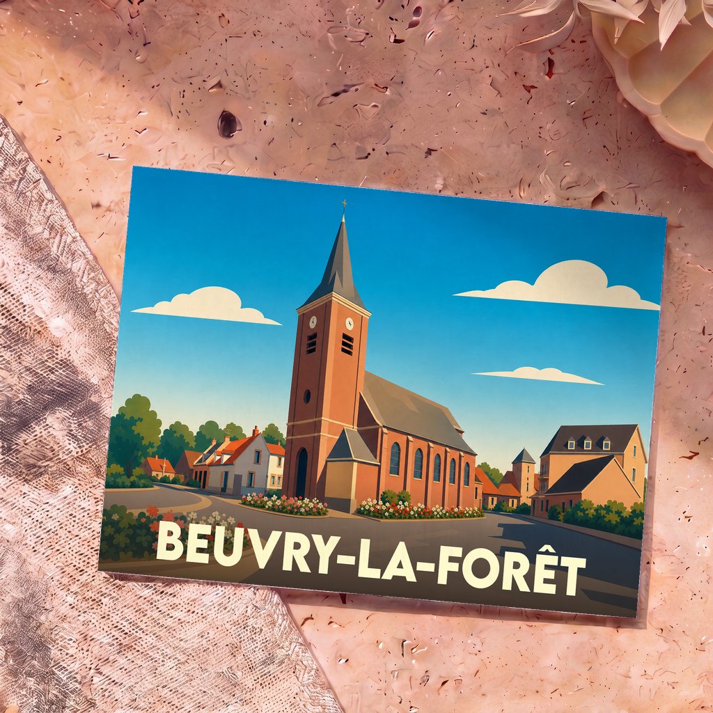 Carte postale souvenir de la ville de Beuvry-la-Forêt illustrant son église et ses habitations dans un style graphique épuré.