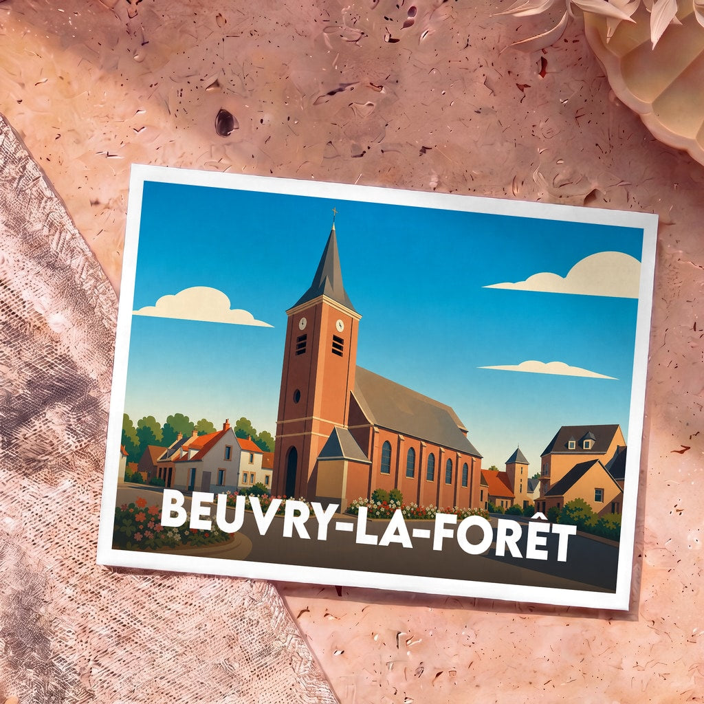 Carte postale souvenir de la ville de Beuvry-la-Forêt illustrant son église et ses habitations dans un style graphique épuré.