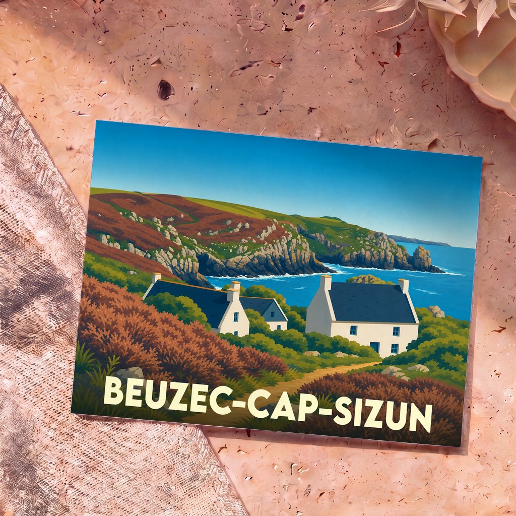 Carte postale souvenir de la ville de Beuzec-Cap-Sizun illustrant un paysage côtier breton avec des maisons traditionnelles et des falaises escarpées.