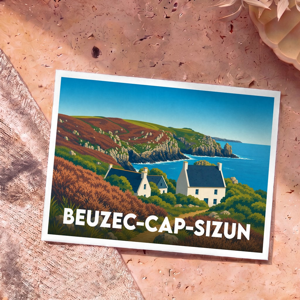 Carte postale souvenir de la ville de Beuzec-Cap-Sizun illustrant un paysage côtier breton avec des maisons traditionnelles et des falaises escarpées.