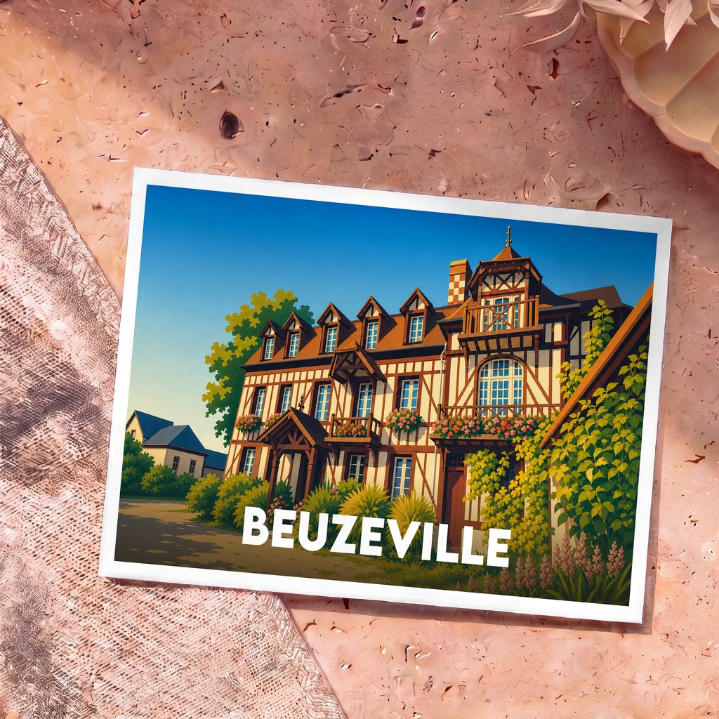 Carte postale souvenir de la ville de Beuzeville illustrant un bâtiment typique à colombages.