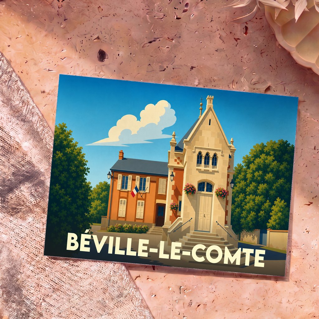 Carte postale souvenir de la ville de Béville-le-Comte avec une illustration stylisée de la mairie.