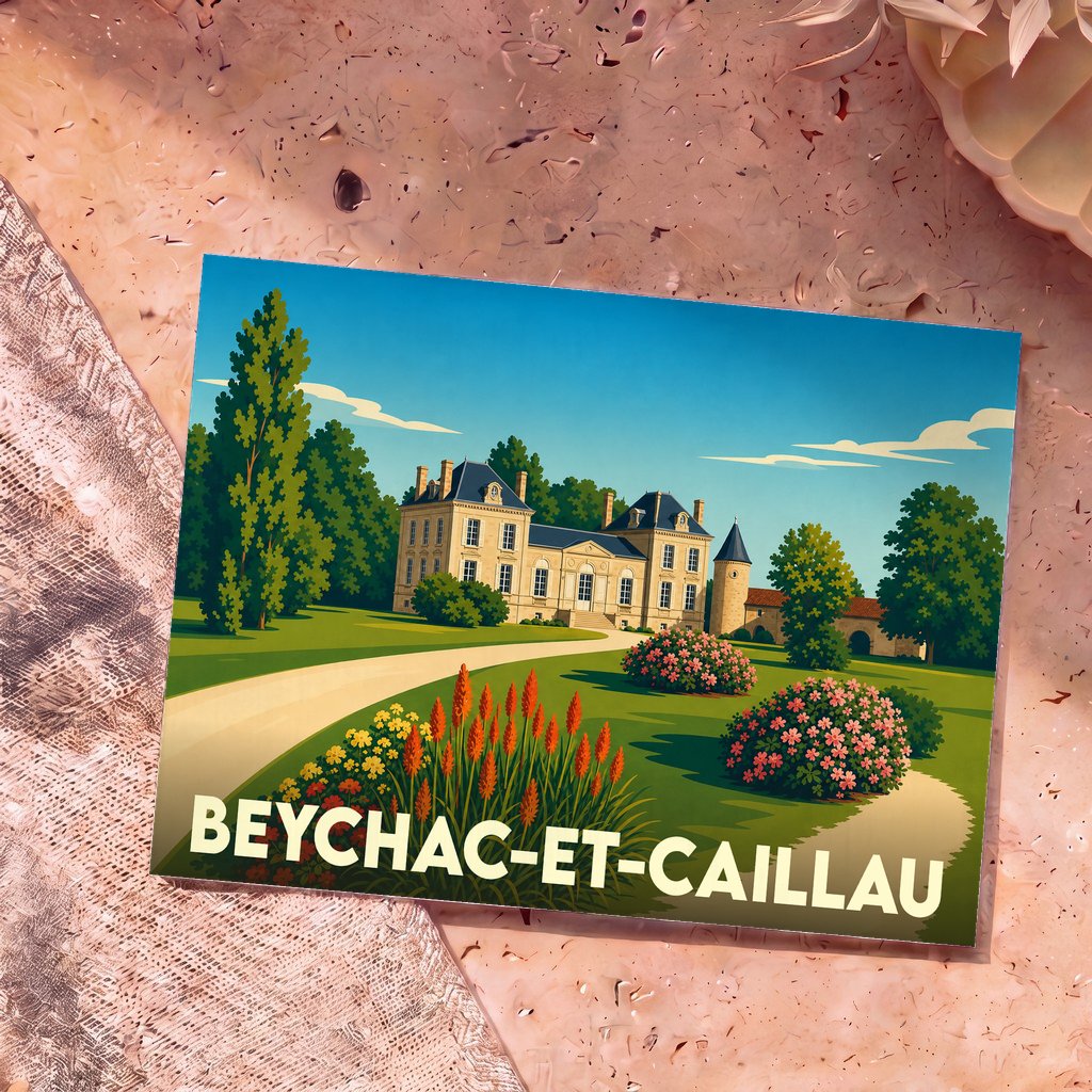 Carte postale souvenir de la ville de Beychac-et-Caillau avec une illustration stylisée d'un château et de ses jardins.