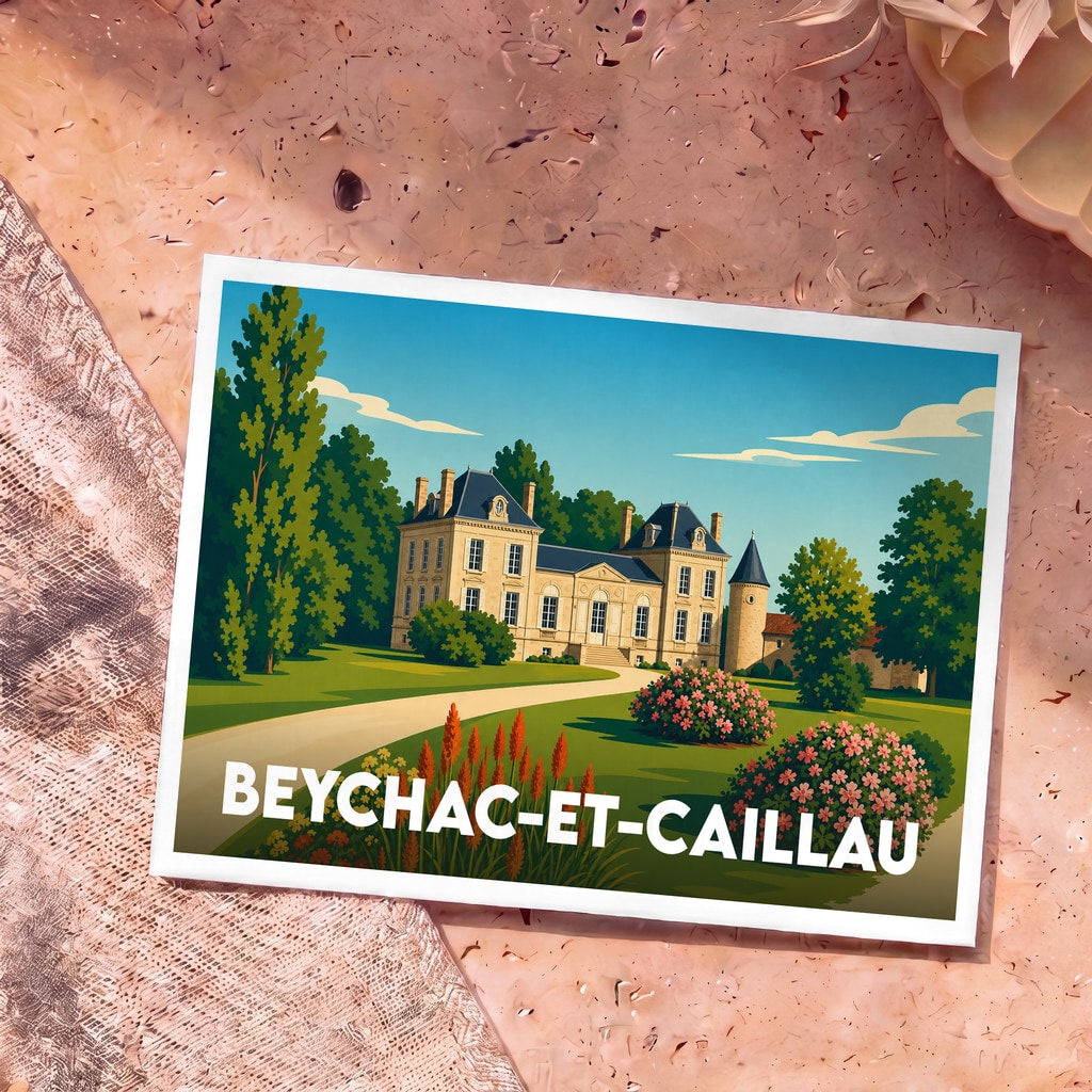 Carte postale souvenir de la ville de Beychac-et-Caillau avec une illustration stylisée d'un château et de ses jardins.