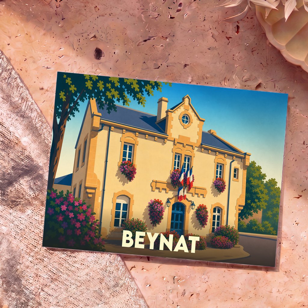 Carte postale souvenir de la ville de Beynat illustrant sa mairie fleurie dans un style graphique épuré.