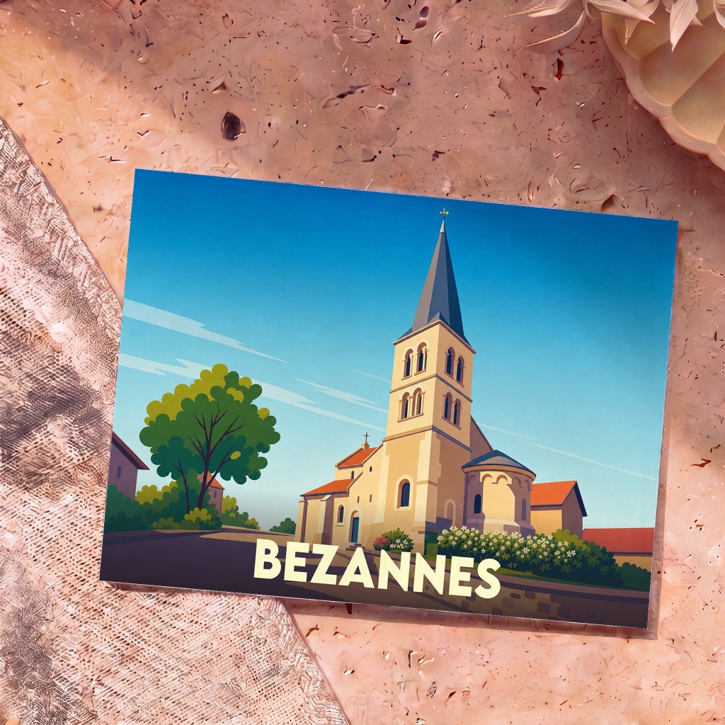 Carte postale souvenir de la ville de Bezannes avec une illustration stylisée de son église sous un ciel bleu.