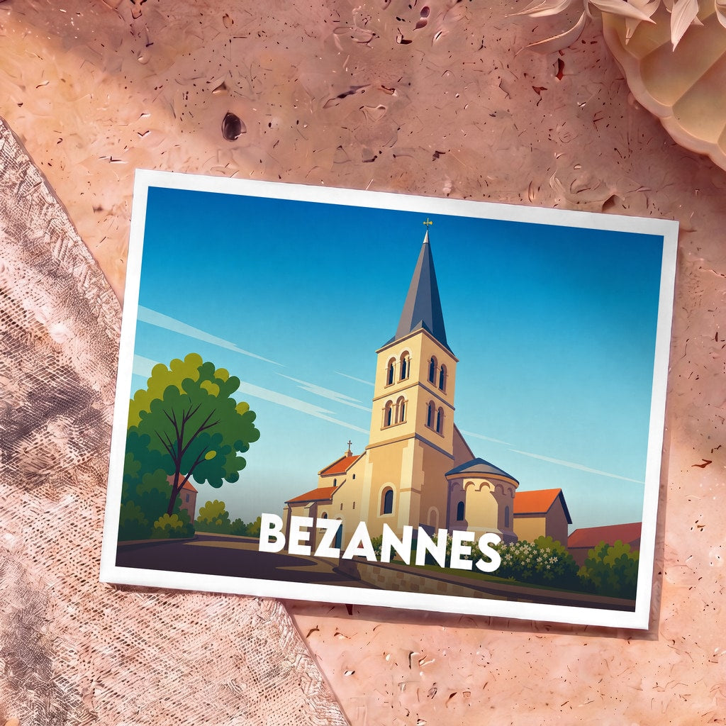 Carte postale souvenir de la ville de Bezannes avec une illustration stylisée de son église sous un ciel bleu.