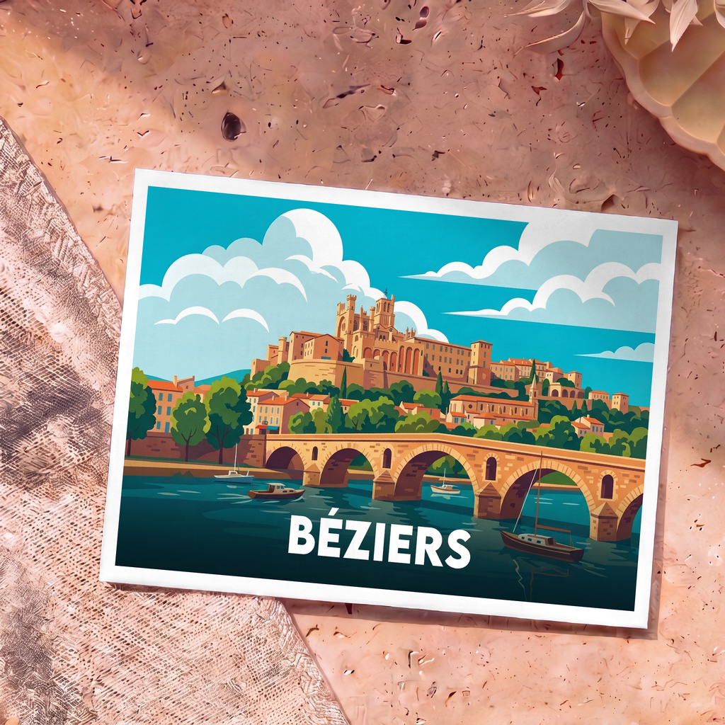 Carte postale souvenir de la ville de Béziers illustrant son pont historique et sa cathédrale dans un style graphique épuré.