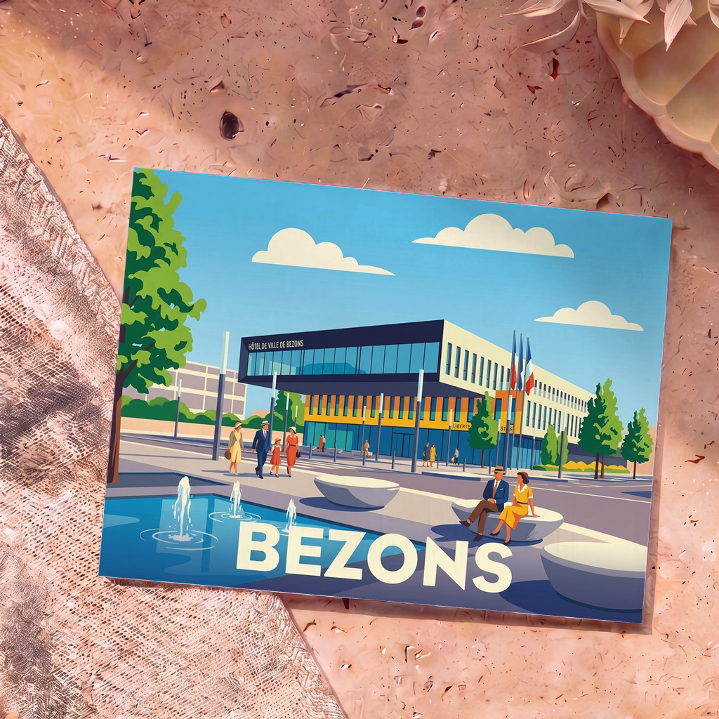 Carte postale souvenir de la ville de Bezons avec une illustration stylisée de son hôtel de ville et d'une place animée.